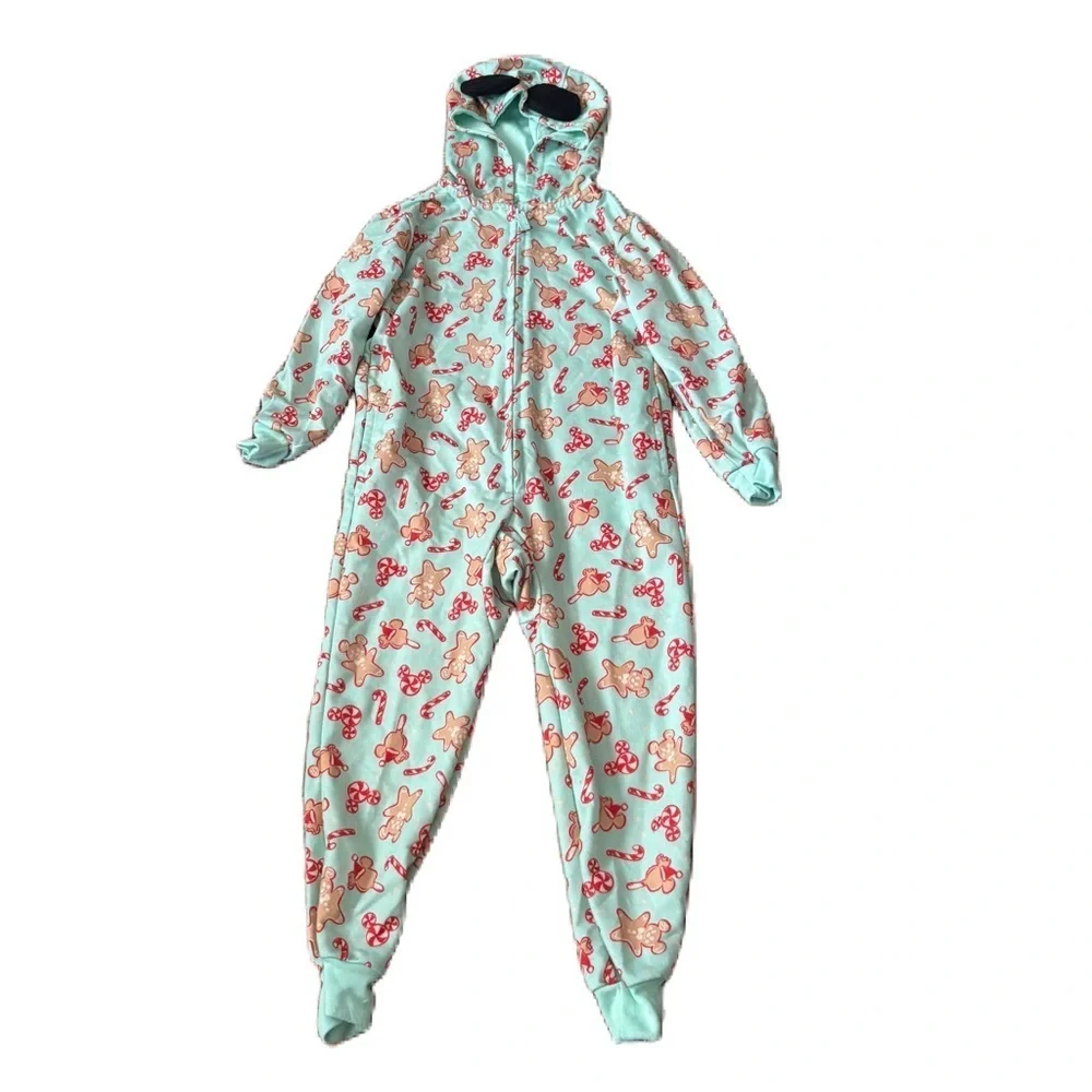 Disney Mickey Bars Mouse Holiday Gingerbread Hooded Romper Pajamas Kids 5/6 Blue